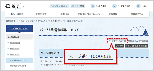 ページタイトルの下に掲載されているページ番号を示した図