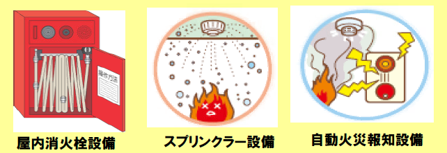 イラスト：屋内消火栓設備、スプリンクラー設備、自動火災報知設備