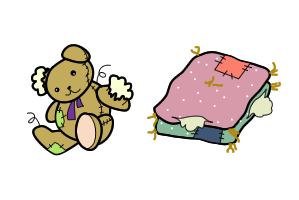 イラスト：ぬいぐるみ、座布団など