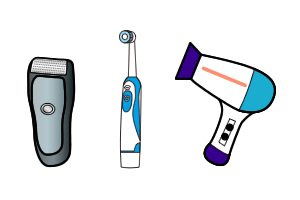 イラスト：シェーバー、電動歯ブラシ、ドライヤー