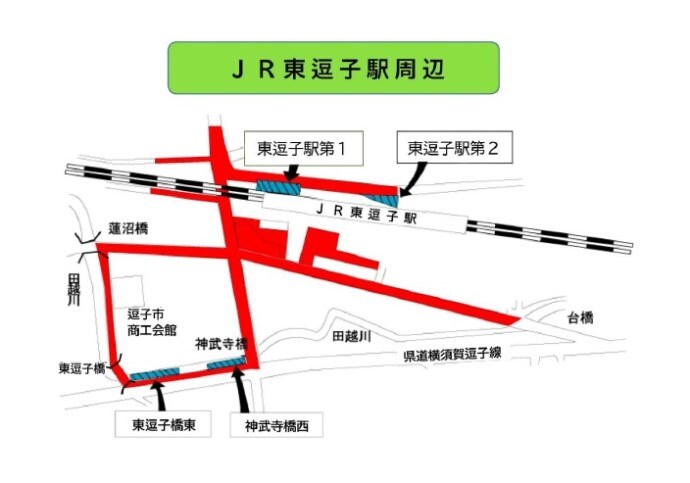 地図：JR東逗子駅周辺駐輪場及び放置禁止区域