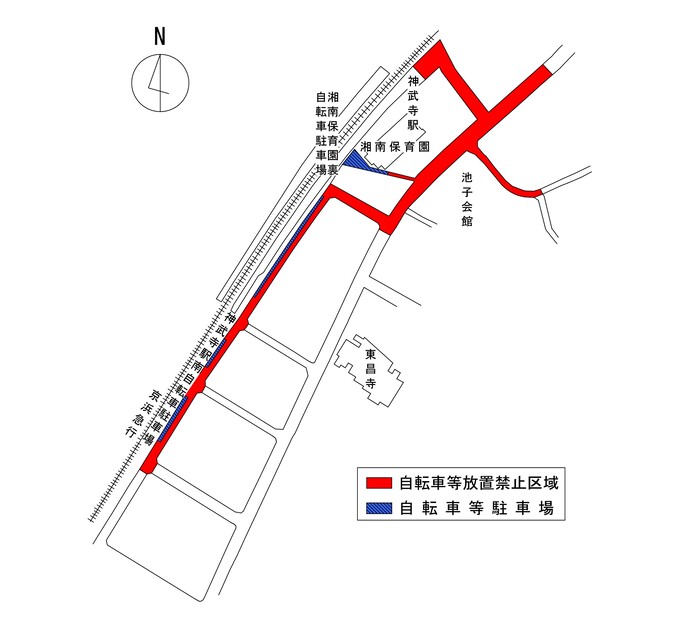 地図：京急神武寺駅周辺無料駐輪場及び放置禁止区域（拡大）