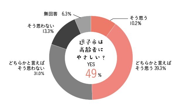 グラフ：逗子市は高齢者にやさしい？そう思う10.2%、どちらかと言えばそう思う39.3%、どちらかと言えばそう思わない31.0%、そう思わない13.3%、無回答6.3%