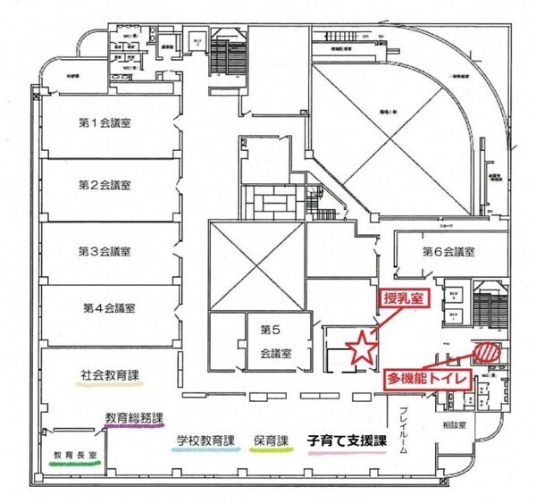地図：逗子市役所5階授乳室・おむつ替え用ベッドマップ