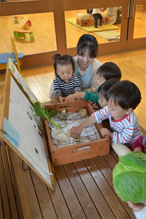 写真：野菜を触る子どもたち