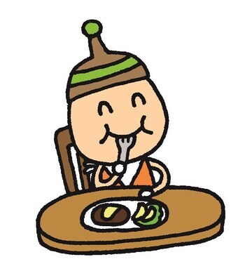 イラスト：おいしそうに料理を食べるシズオ