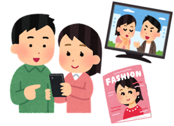 スマホを見る男女、ファッション雑誌、テレビの中の男女　イラスト