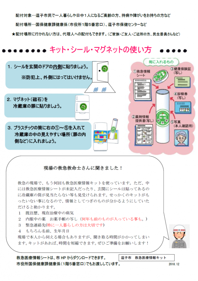 チラシの写真：救急医療情報キット 裏