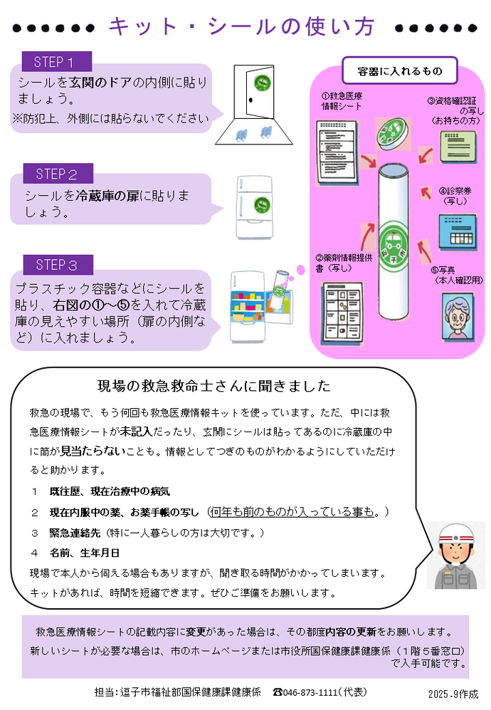 チラシの写真：救急医療情報キット 裏