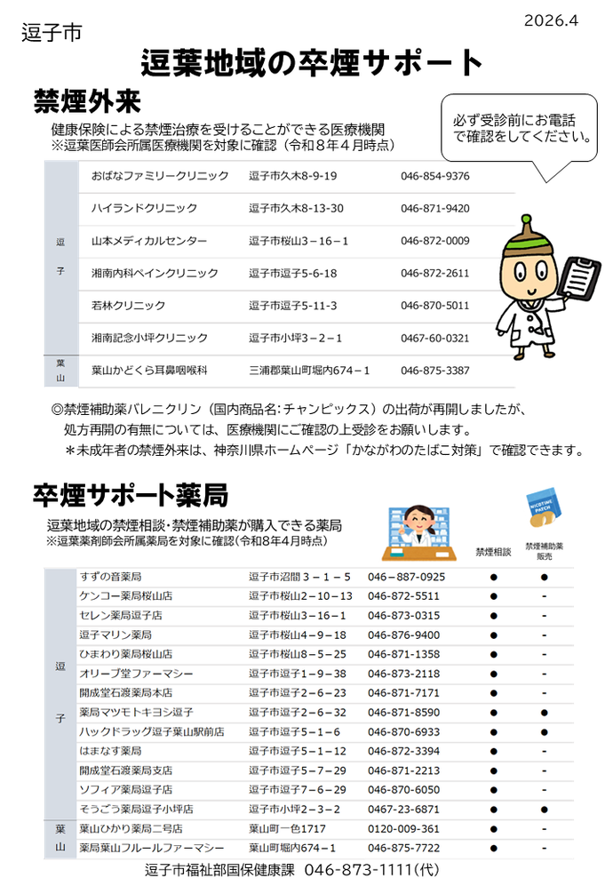 逗葉地域の禁煙外来・卒煙サポート薬局（2026.4）