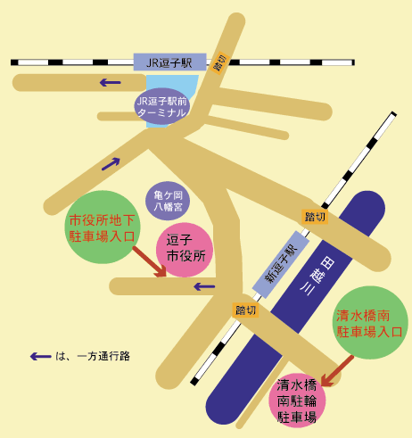 地図：市役所地下駐車場、清水橋南駐車場