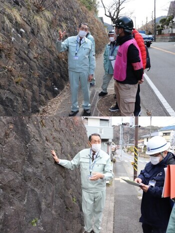 写真：逗子市道の主要な道路及び市立小・中学校用地に接する斜面地の定期点検調査の様子（1月28日撮影）