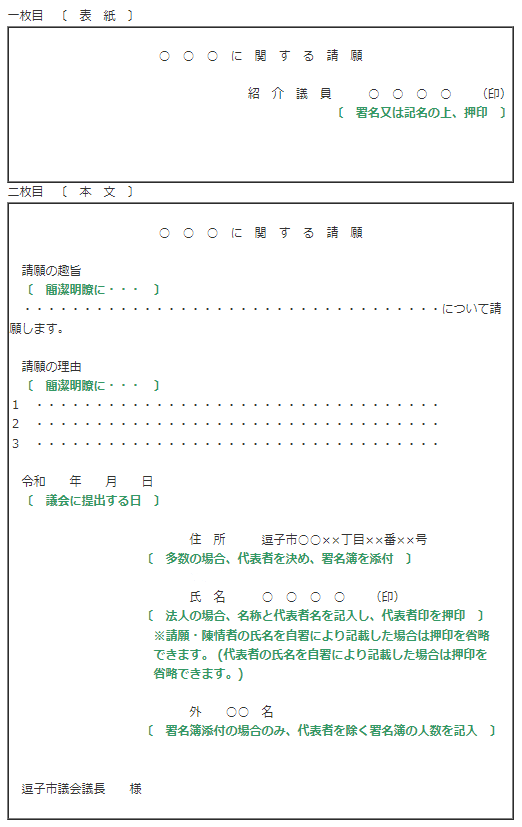 写真：請願様式例　1枚目(表紙)　2枚目(本文)