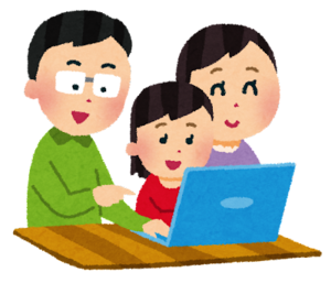 イラスト：パソコンの前で会話する両親と子ども