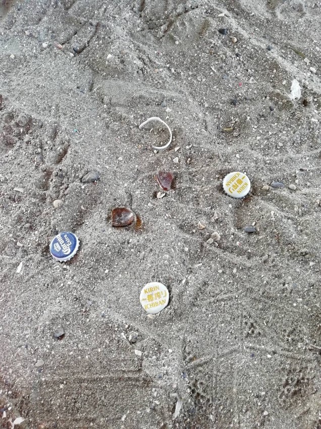 海岸に落ちているガラスやビンの蓋
