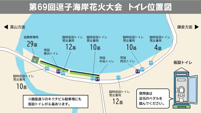 逗子海岸内のトイレの位置図