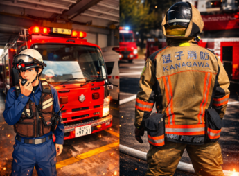 消防隊と消防車、防火衣で活動しているよ