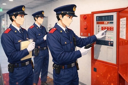 消防予防課の職員が建物の検査をしている様子を写真にしたよ。