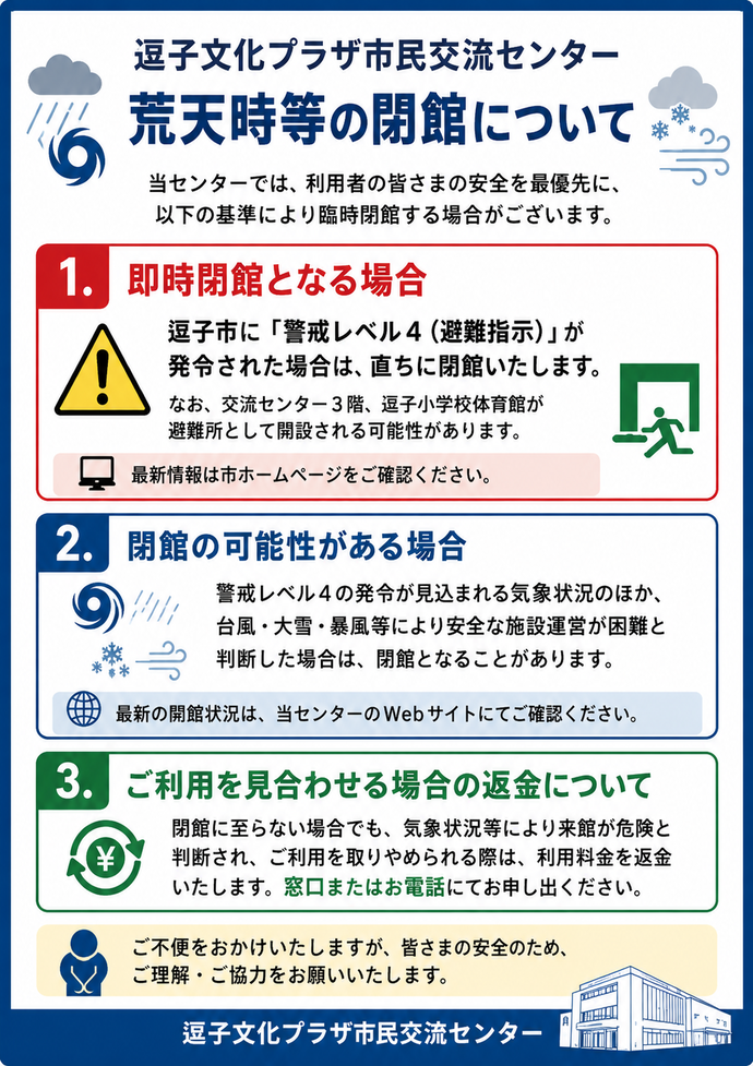 逗子文化プラザ市民交流センター　荒天時等の閉館について 当センターでは、利用者の皆さまの安全を最優先に、以下の基準により臨時閉館する場合がございます。　1．即時閉館となる場合 逗子市に「警戒レベル4（避難指示）」が発令された場合は、直ちに閉館いたします。 なお、交流センター3階、逗子小学校体育館が避難所として開設される可能性があります。 最新情報は市ホームページをご確認ください。　2．閉館の可能性がある場合 警戒レベル4の発令が見込まれる気象状況のほか、台風・大雪・暴風等により安全な施設運営が困難と判断した場合は、閉館となることがあります。最新の開館状況は、当センターのWebサイトにてご確認ください。　3．ご利用を見合わせる場合の返金について 閉館に至らない場合でも、気象状況等により来館が危険と判断され、ご利用を取りやめられる際は、利用料金を返金いたします。窓口またはお電話にてお申し出ください。 ご不便をおかけいたしますが、皆さまの安全のため、ご理解・ご協力をお願いいたします。 逗子文化プラザ市民交流センター